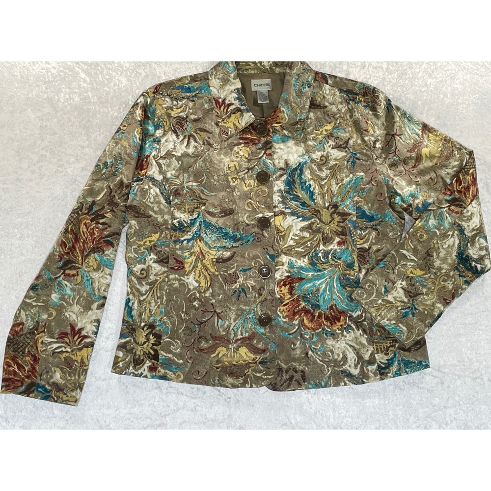 Chicos Jacket Women Size 2 Brown Silk Cotton Floral Metallic Embroidered EUC